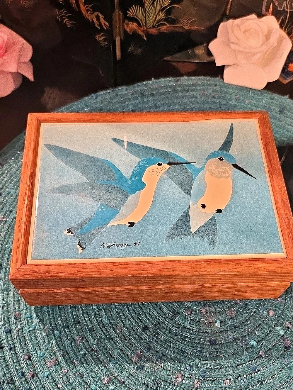 Hummingbird Bird Decor Box in Blue & Brown